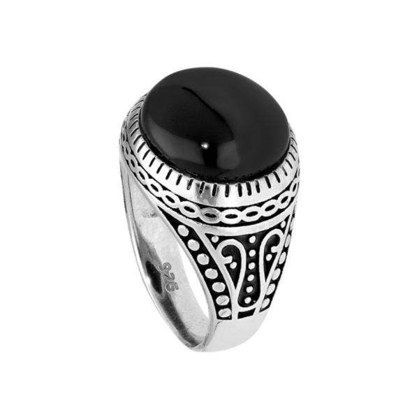 Bague Argent 925 Patiné Cabochon Onyx Rond