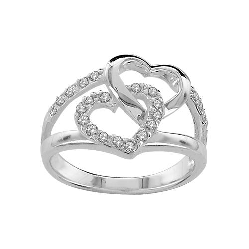 Bague Argent 925 Double Coeurs Zirconium + Lisse Ajourés