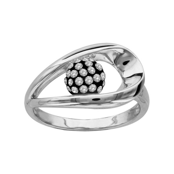 Bague Argent 925 Boule Résine Noire Strass Blanc