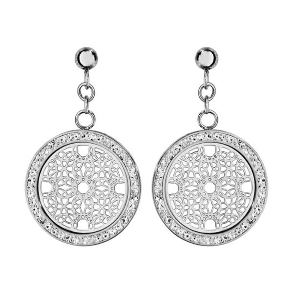 Boucles d'oreilles Acier 316 L Ronde Motif Rosace Contour Strass Blanc 