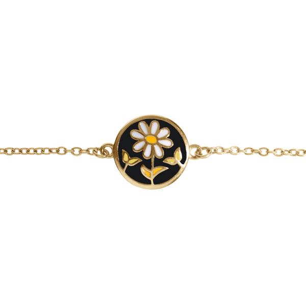 Bracelet Acier 316 L Doré Rond Fleurs Fond Résine Noire