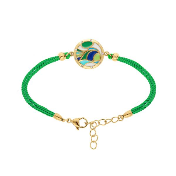 Bracelet Acier 316 L Doré Jaune avec Résine Verte et Bleu Cordon Vert