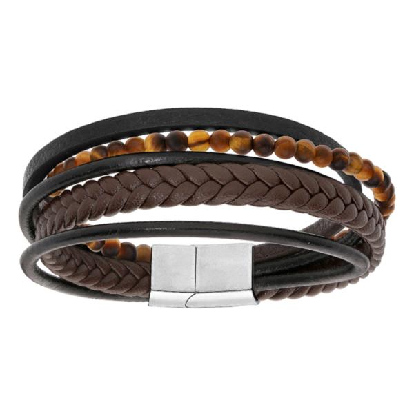 Bracelet Acier 316 L Cuir Marron et Noir Multi Fils Boules Oeil de Tigre Double Fermoir 20 cm