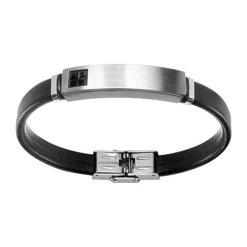 Bracelet Acier 316 L et Cuir Plaque avec Petite Pierre Noire 