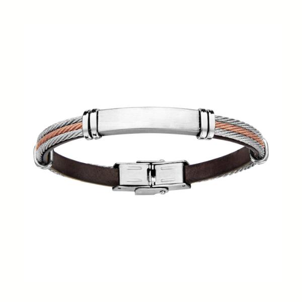 Bracelet Acier 316 L et Cuir Cable 2 Tons Plaque Rectangulaire Option Gravure