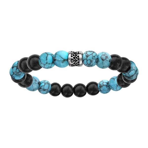 Bracelet Acier 316 L Elastique Perles Bois et Pierres Imitation Turquoise Motif Patiné