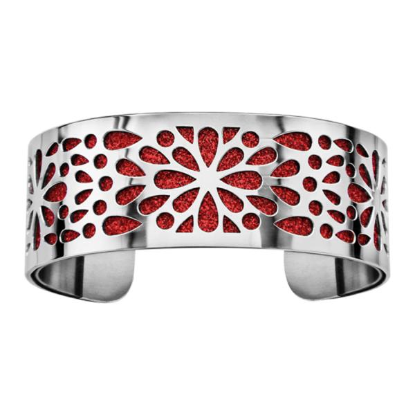 Bracelet Acier 316 L Manchette Motif Fleurs Glitter Rouge Scintillant