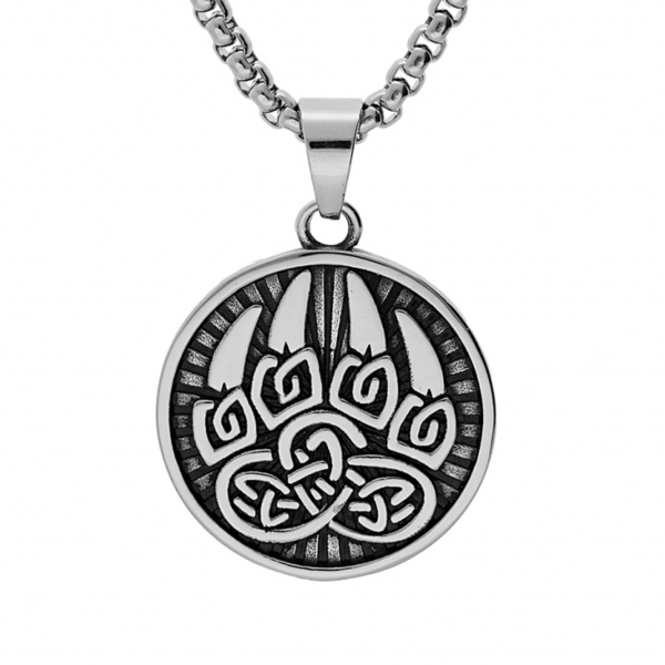 Collier Acier 316 L Pendentif Rond Viking Motif Pate d'Ours