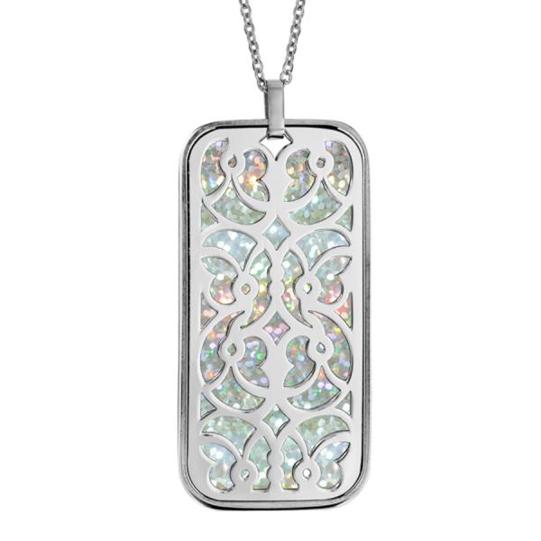 Collier Acier 316 L Pendentif Rectangulaire Motif Volute Glitter Blanc Scintillant