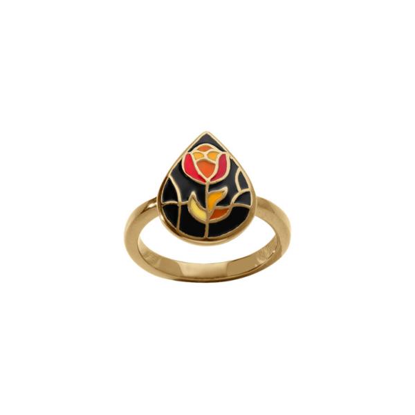 Bague Acier 316 L Doré Forme Goutte Résine Rouge et Noir