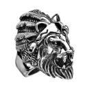 Bague Chevalière Acier 316 L Patiné Tête de Lion avec Plumes 