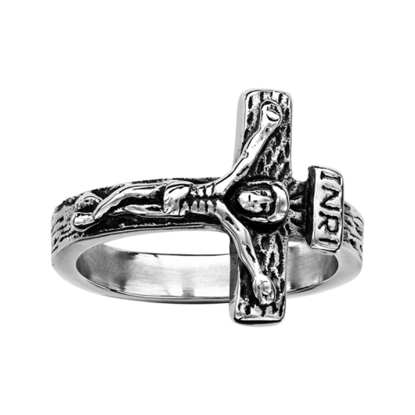 Bague Acier 316 L Patiné Jesus sur Croix