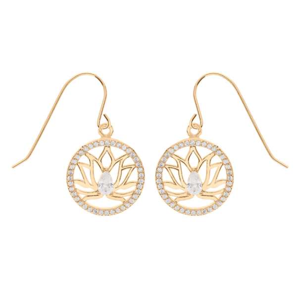 Boucles d'oreilles Plaqué Or Fleur de Lotus Cercle Zirconium