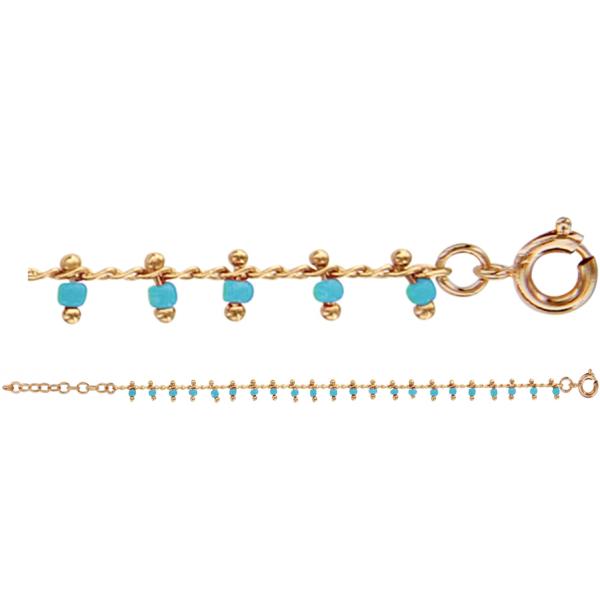 Bracelet Plaqué Or Pampilles Boules Turquoise d'Imitation 16+2 cm