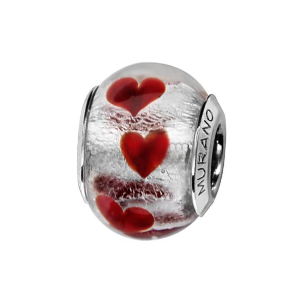 Charms Argent 925 Perle Murano Argenté Coeur Rouge