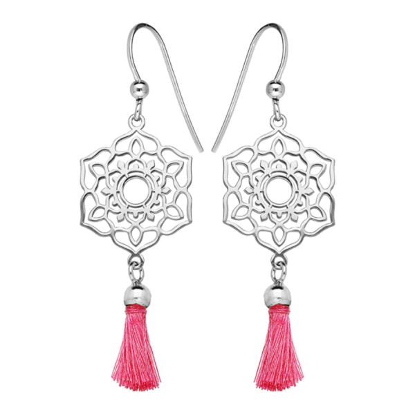 Boucles d'oreilles Argent 925 Fleur de Vie Ajourée Pompon Rose 