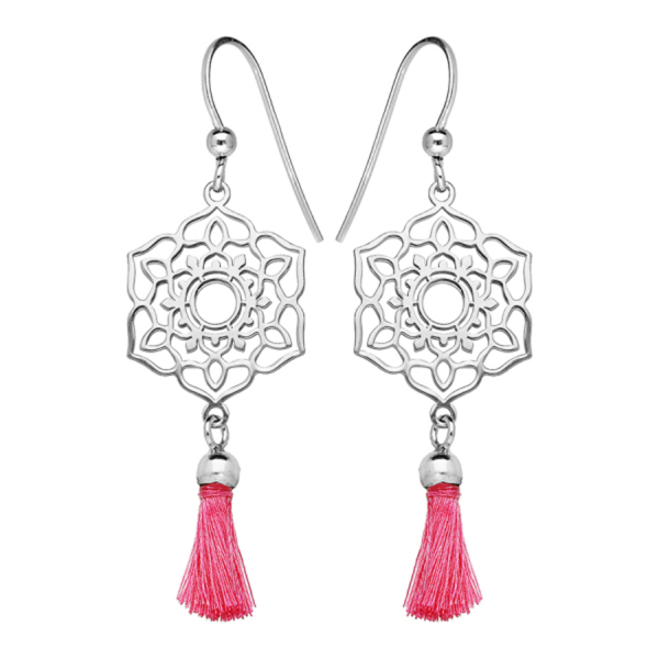 Boucles d'oreilles Argent 925 Fleur de Vie Ajourée Pompon Rose 