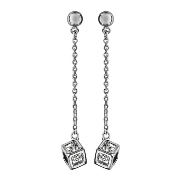 Boucles d'oreilles Argent 925 Chainette avec Cube + Zirconium
