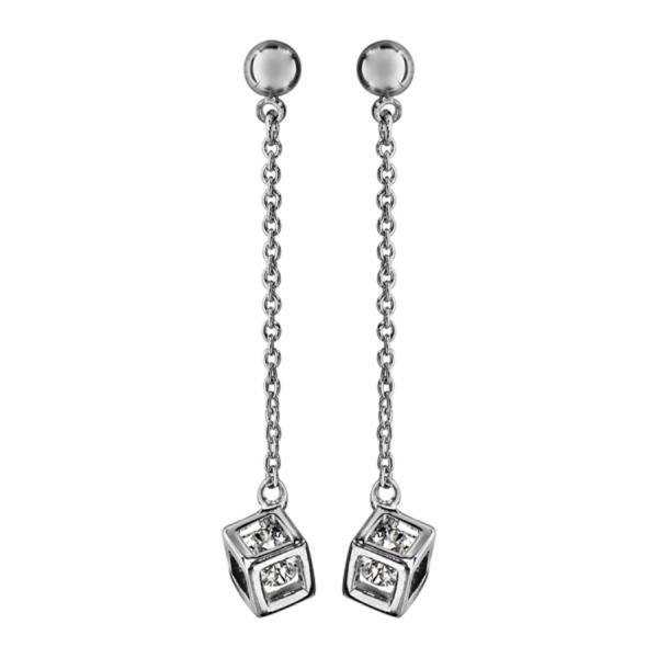 Boucles d'oreilles Argent 925 Chainette avec Cube + Zirconium