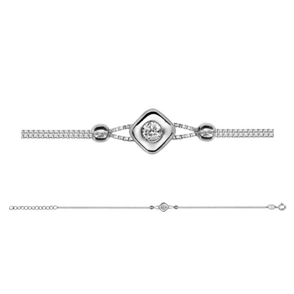 Bracelet Argent 925 Double Chaîne Petit Carré avec Zirconium Serti