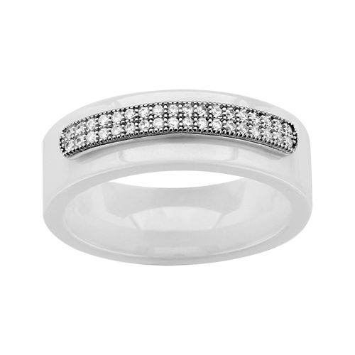 Bague Argent 925 Anneau Céramique Double Rail Zirconium Micro Sertis Blanche