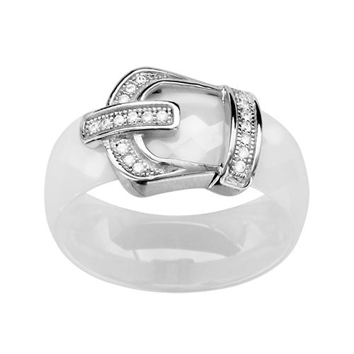 Bague Argent 925 Anneau Céramique Blanche Faceté Ceinture Zirconium Sertis