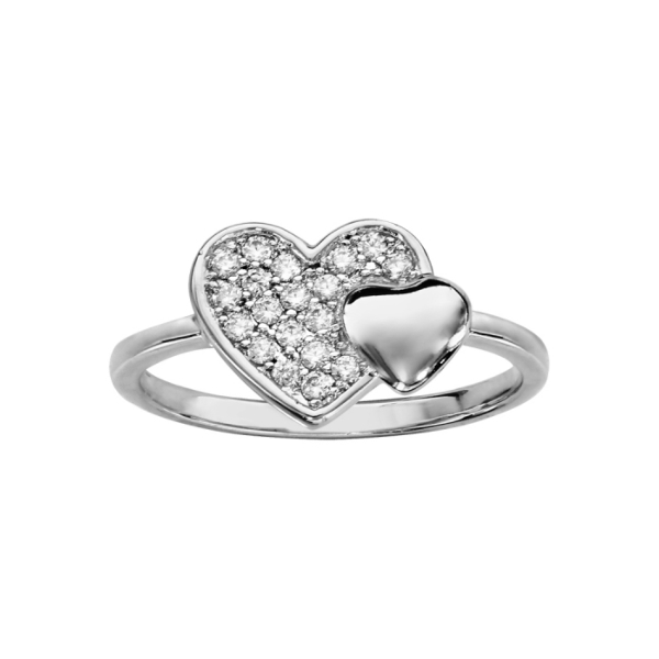 Bague Argent 925 Double Coeur Pavé Zirconium et Lisse