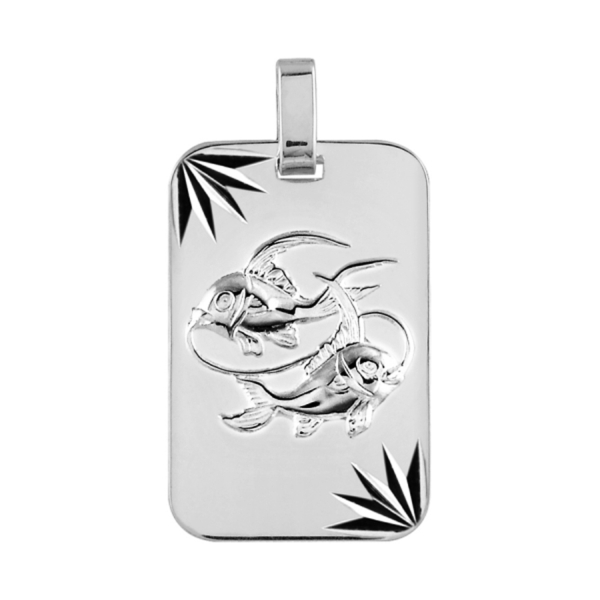 Pendentif Argent 925 Plaque Militaire Diamantée Zodiaque Poisson  