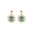 Boucles d'oreilles Tige Acier 316L Doré Jaune Fleur de Lotus Résine Bleu Fond Blanc