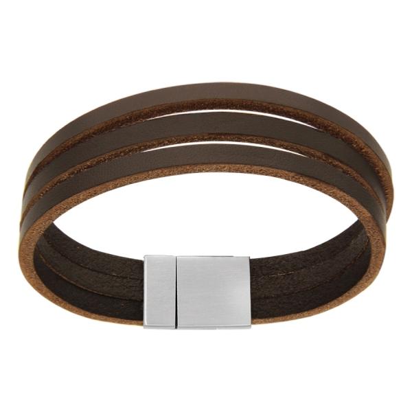 Bracelet Acier 316 L Cuir Marron 3 Rangs Fermoir Aimanté 19,5 cm