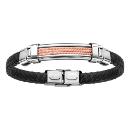 Bracelet Acier 316 L Cuir Noir Tresse Cable Rose 3 Rangs 21 cm