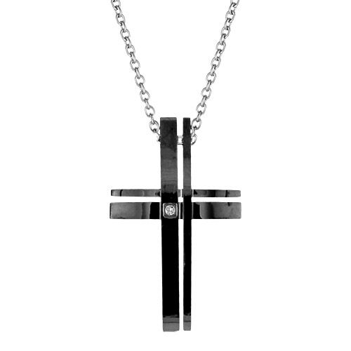 Collier Acier 316 L Pendentif Croix Résine Noire Zirconium Blanc