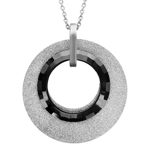 Collier Acier 316 L Pendentif Rond Granité Percé + Rondelle Céramique Noire