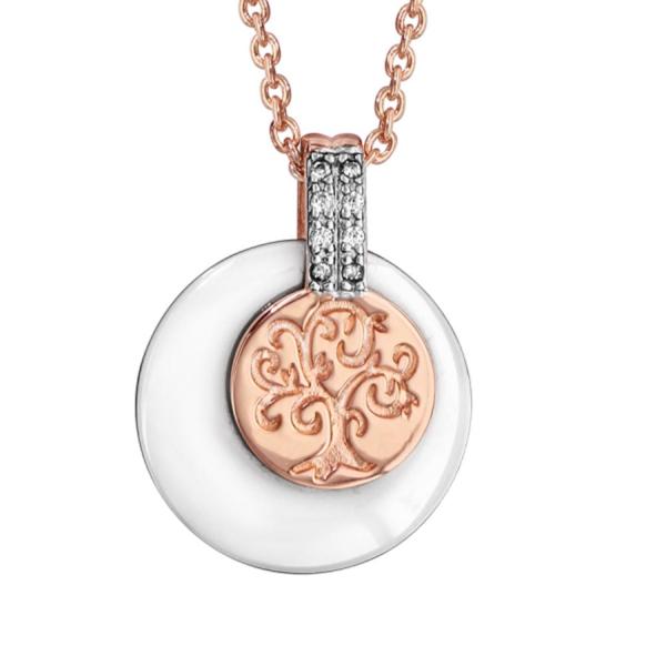 Collier Plaqué Or Pendentif Rond Céramique Blanche Arbre de Vie Zirconium