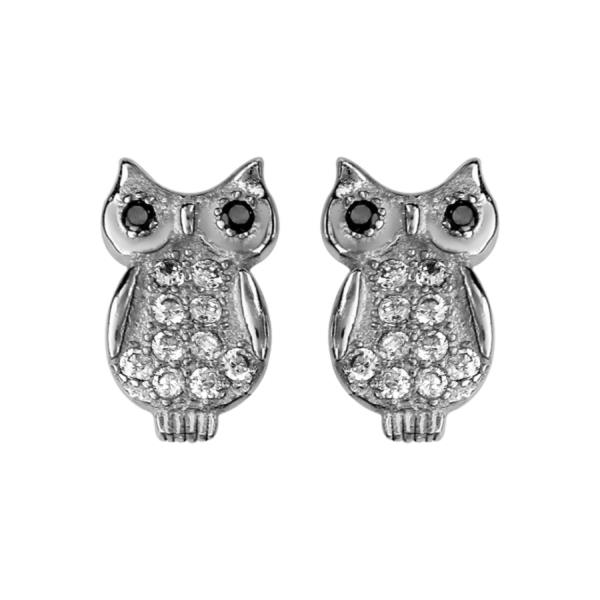 Boucles d'oreilles Argent 925 Hibou Chouette Zirconium Blanc 