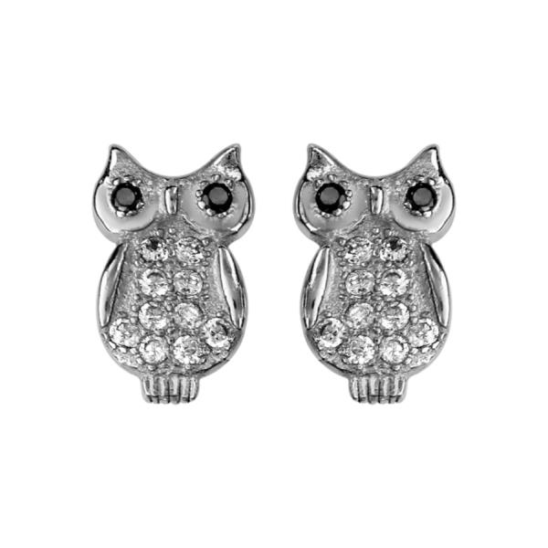 Boucles d'oreilles Argent 925 Hibou Chouette Zirconium Blanc 