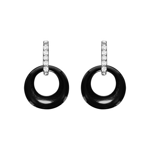 Boucles d'oreilles Argent 925 Cercle Céramique Noire Barette Zirconium Sertis