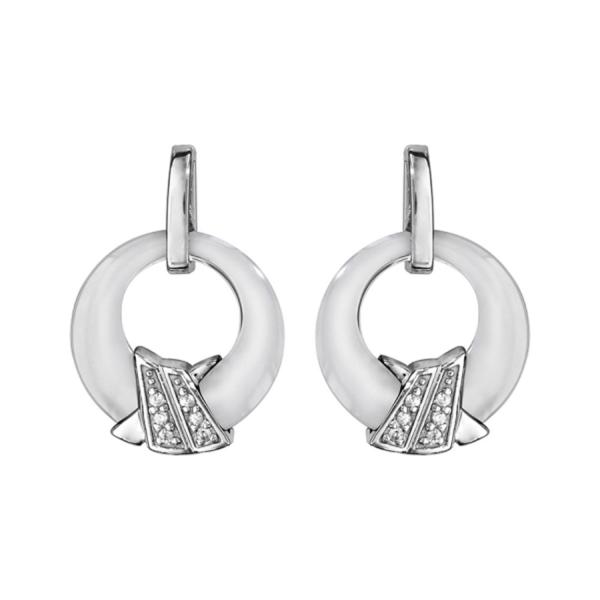 Boucles d'Oreilles Argent 925 Rond Céramique Blanche avec Croisillons Zirconium Sertis