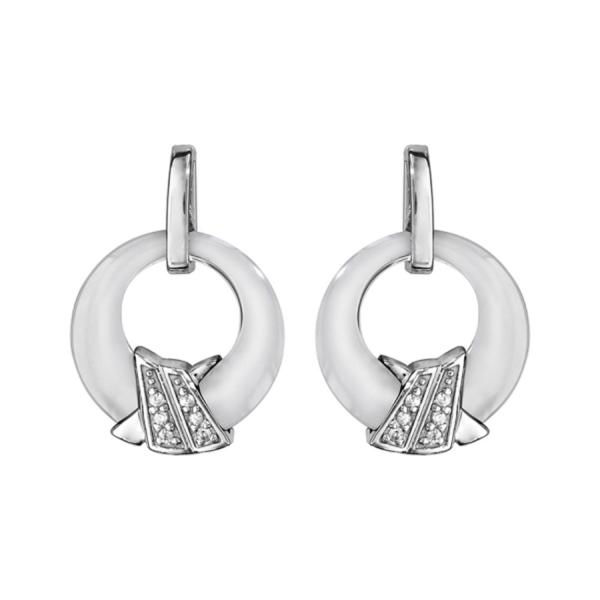 Boucles d'Oreilles Argent 925 Rond Céramique Blanche avec Croisillons Zirconium Sertis