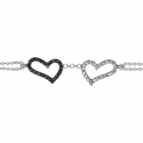 Bracelet Argent 925 Double Chaines 2 Coeurs Zirconium Noir et Blanc