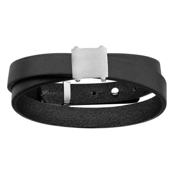 Bracelet Cuir Bovin Noir Enroulé avec Plaque Argent Option Gravure