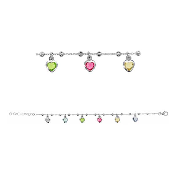 Bracelet Argent 925 Pampilles Coeurs Pierres de Synthèses Multicouleurs