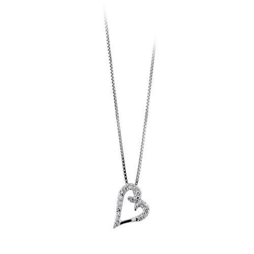 Collier + Pendentif Argent 925 et Zirconium Coeur en Biais