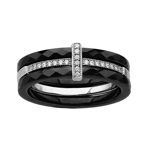 Bague Argent 925 Double Anneaux Céramique Noir + 1 Rail Zirconium Micro Sertis