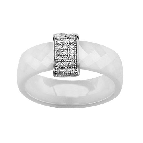 Bague Argent 925 Céramique Faceté Barette Zirconium Micro Sertis Blanche