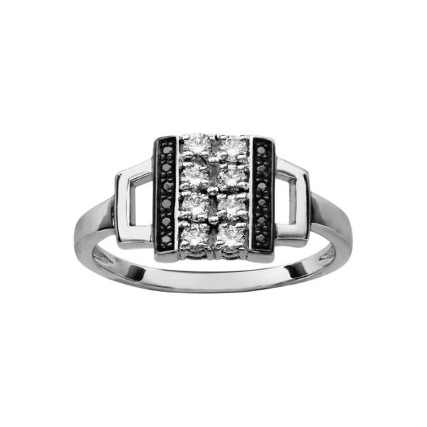 Bague Argent 925 Plateau Carré Zirconium Noirs et Blancs