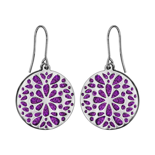 Boucles d'oreilles Acier 316 L Crochet Motif Fleurs Glitter Violet Scintillant