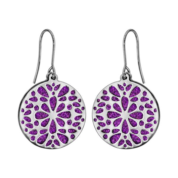 Boucles d'oreilles Acier 316 L Crochet Motif Fleurs Glitter Violet Scintillant