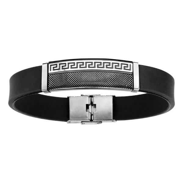 Bracelet Acier 316 L et Cuir Noir Plaque Motif Grec