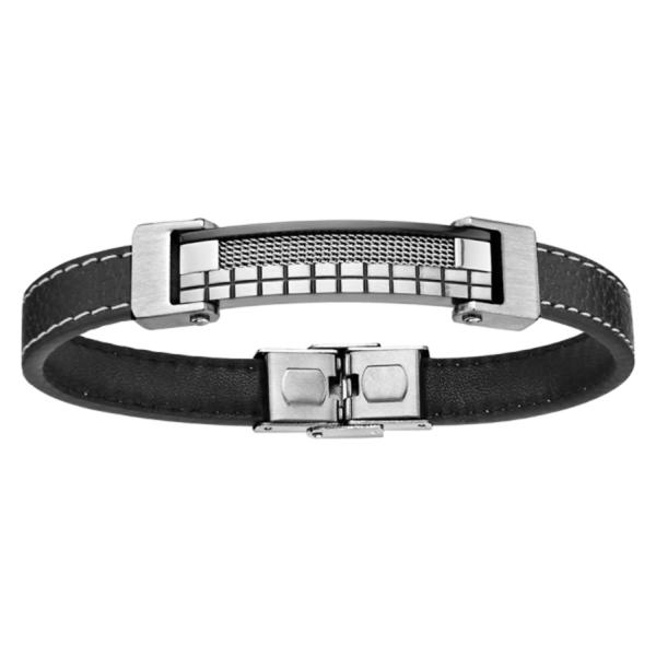 Bracelet Acier 316 L Cuir Noir Plaque Multi Quadrillage 21,5 cm